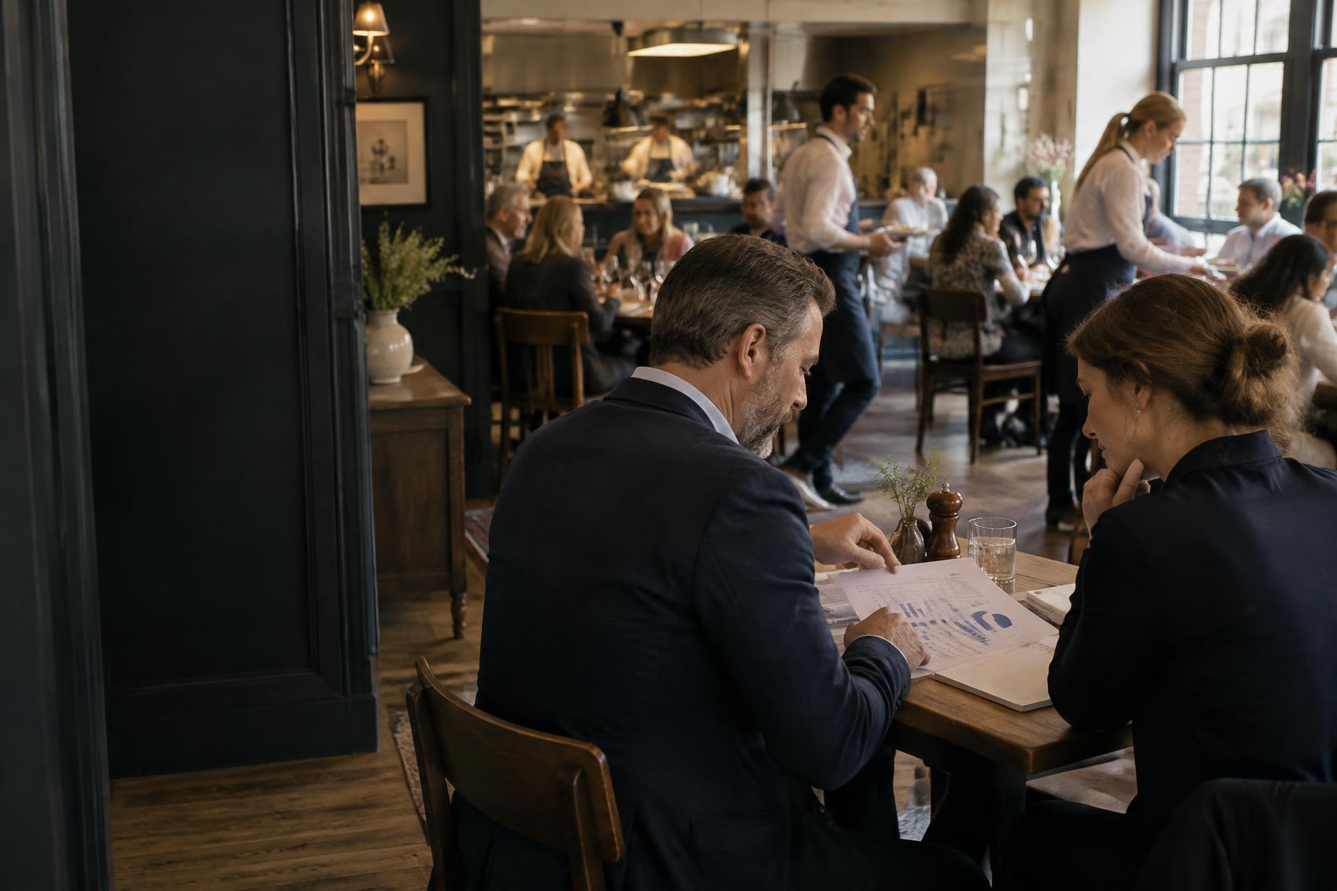 A business owner and commercial adviser reviewing information together during a busy restaurant service.