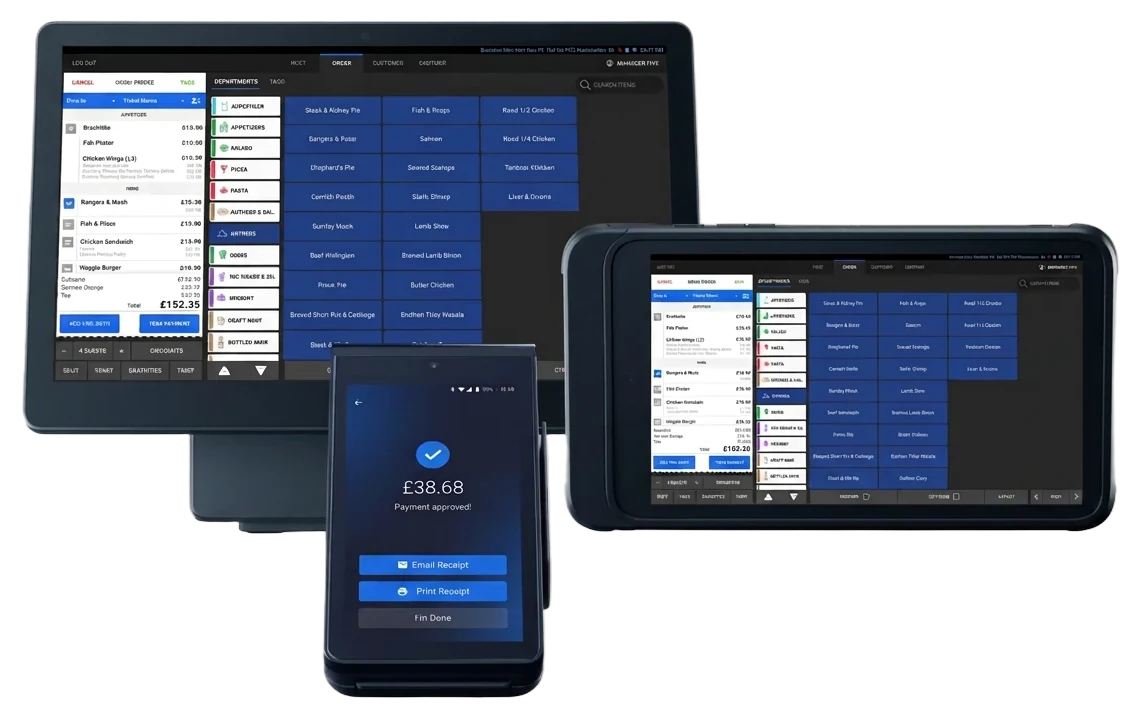 EPOS workstation, mobile payment device and tablet working together at the centre of the connected business.