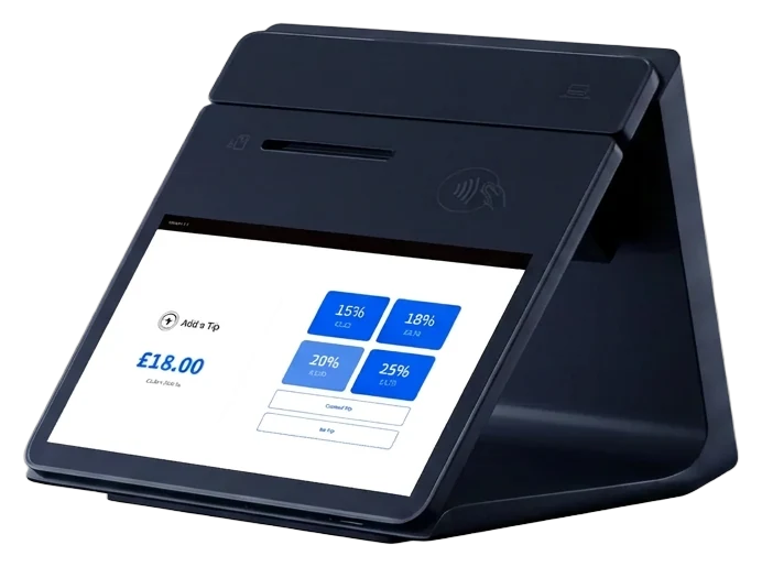 Rear of the EPOS workstation with a customer-facing display showing a tip screen.
