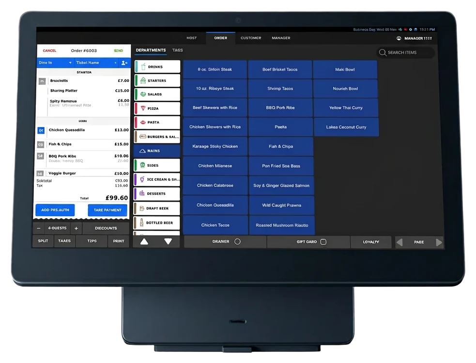 EPOS workstation with touchscreen till showing an order screen.