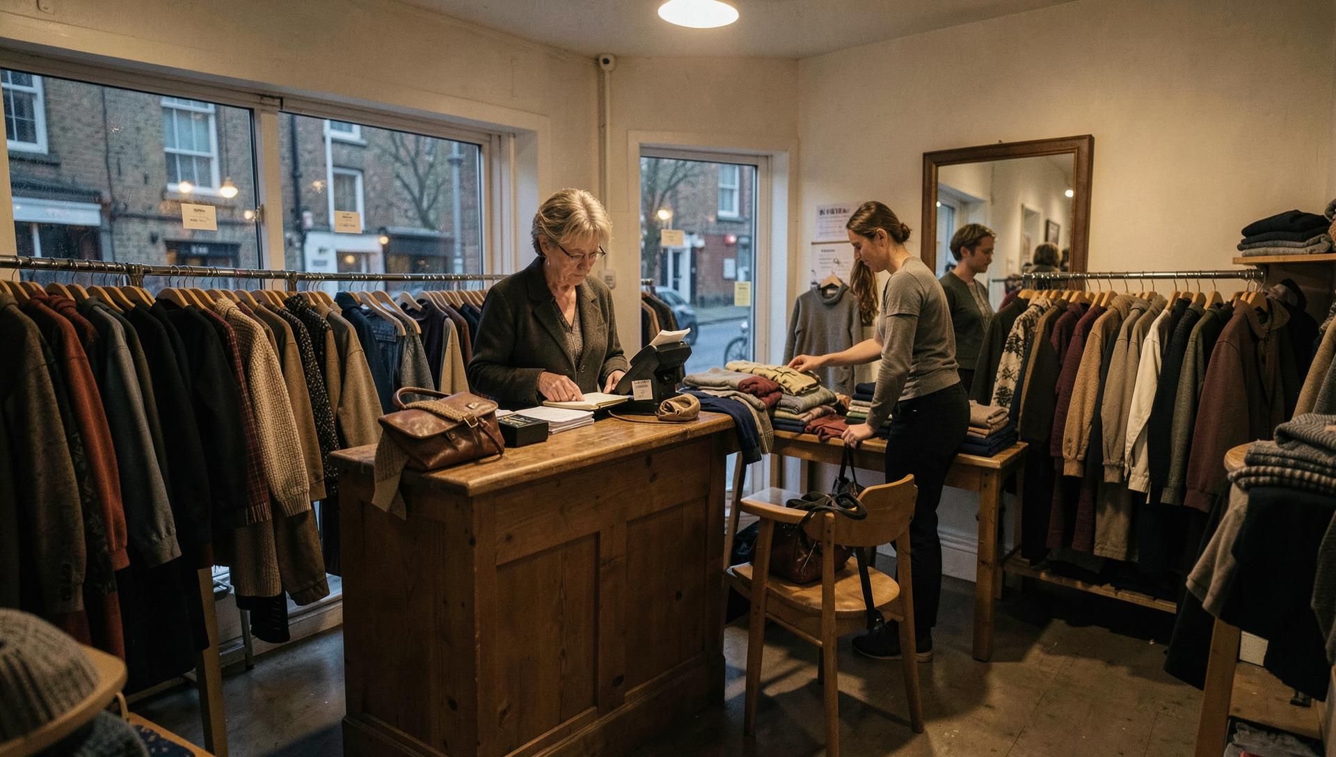 An independent clothing shop at the end of the trading day: the owner reviews paperwork at the wooden counter while a member of staff folds knitwear beside rails of coats, the street dimming outside.