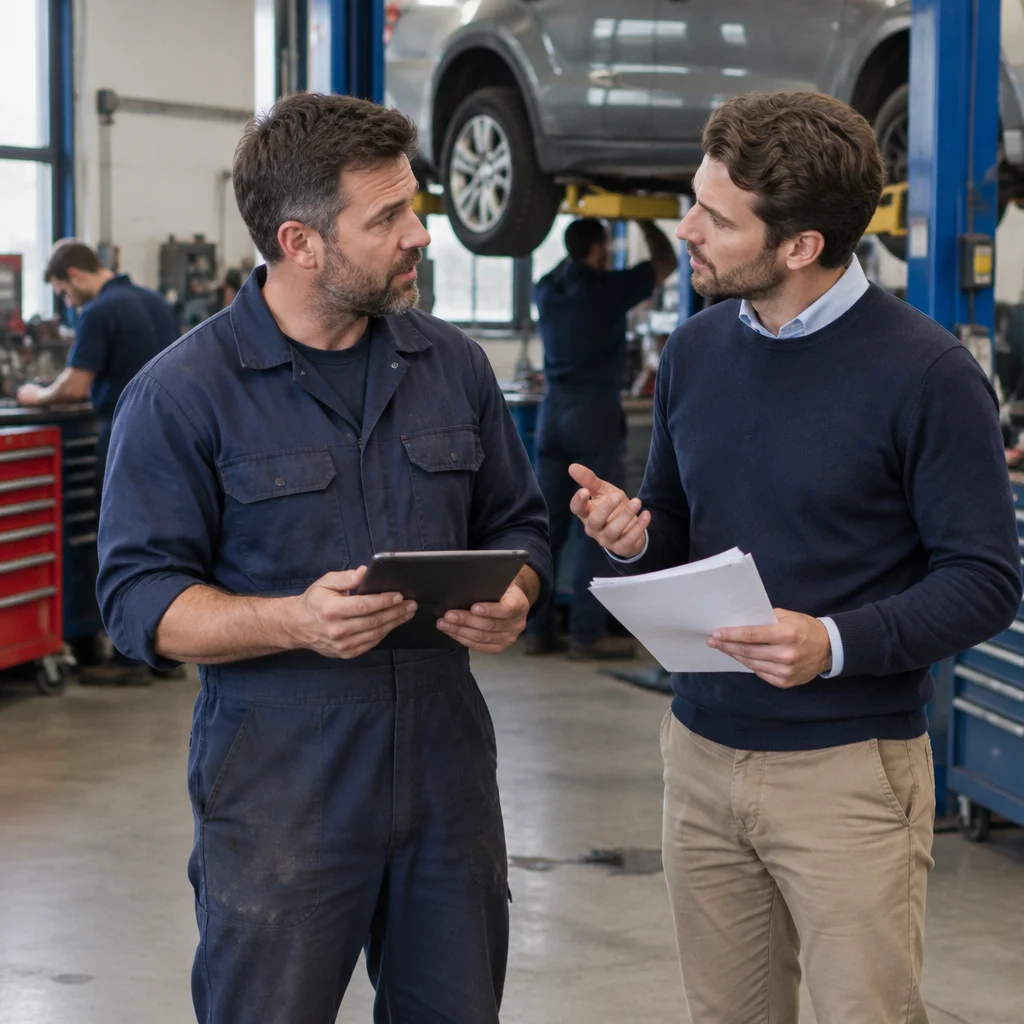 Business owner and commercial adviser reviewing options together while mechanics work in an independent car repair garage.