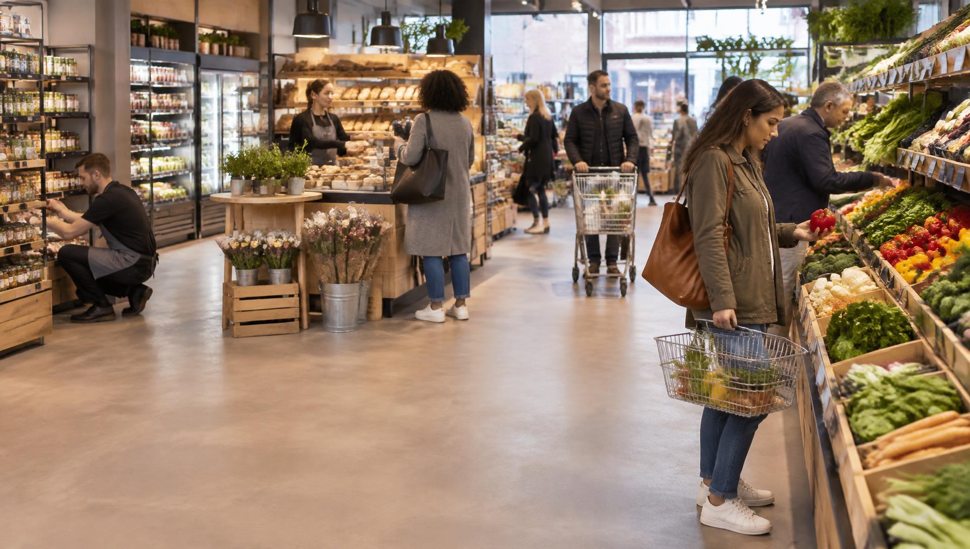Staff and customers across an established supermarket floor with stocked aisles, fresh produce and active trading.