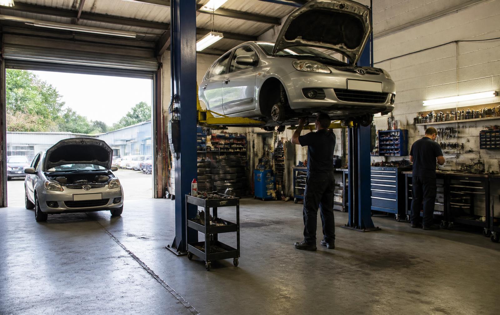 Mechanics servicing cars on a lift and at the workbench in a working independent repair garage.