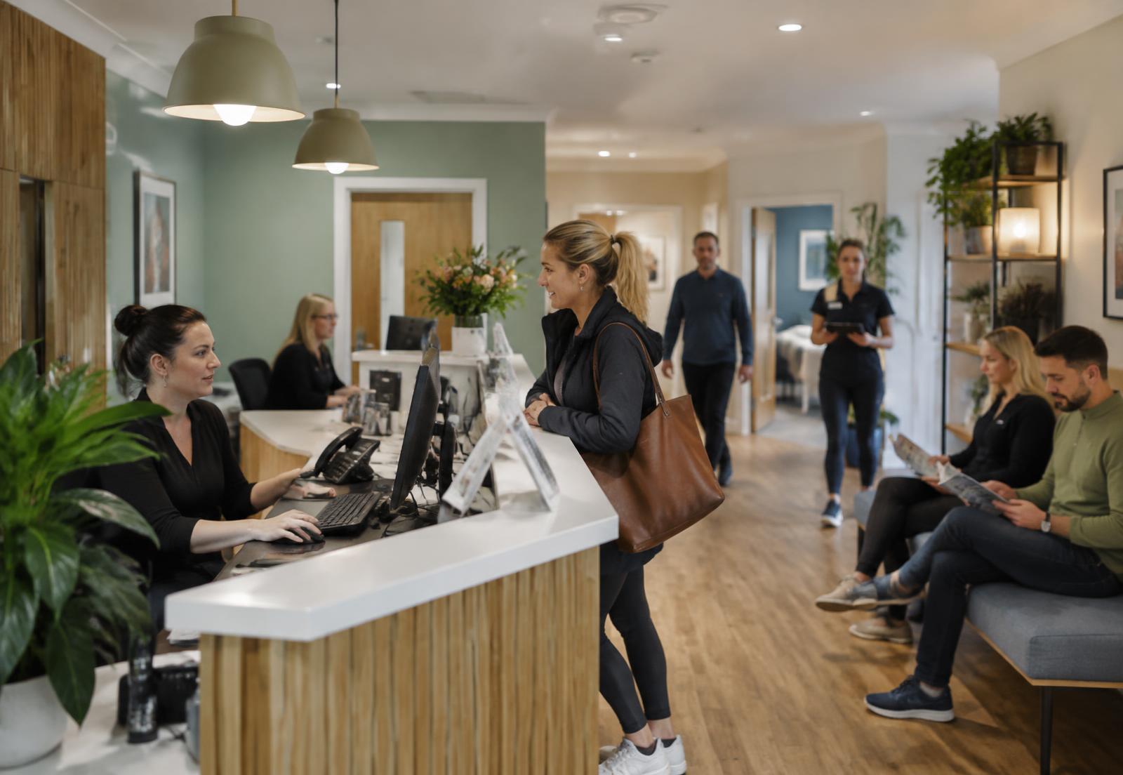 Reception staff, practitioners and customers in an active wellness business.