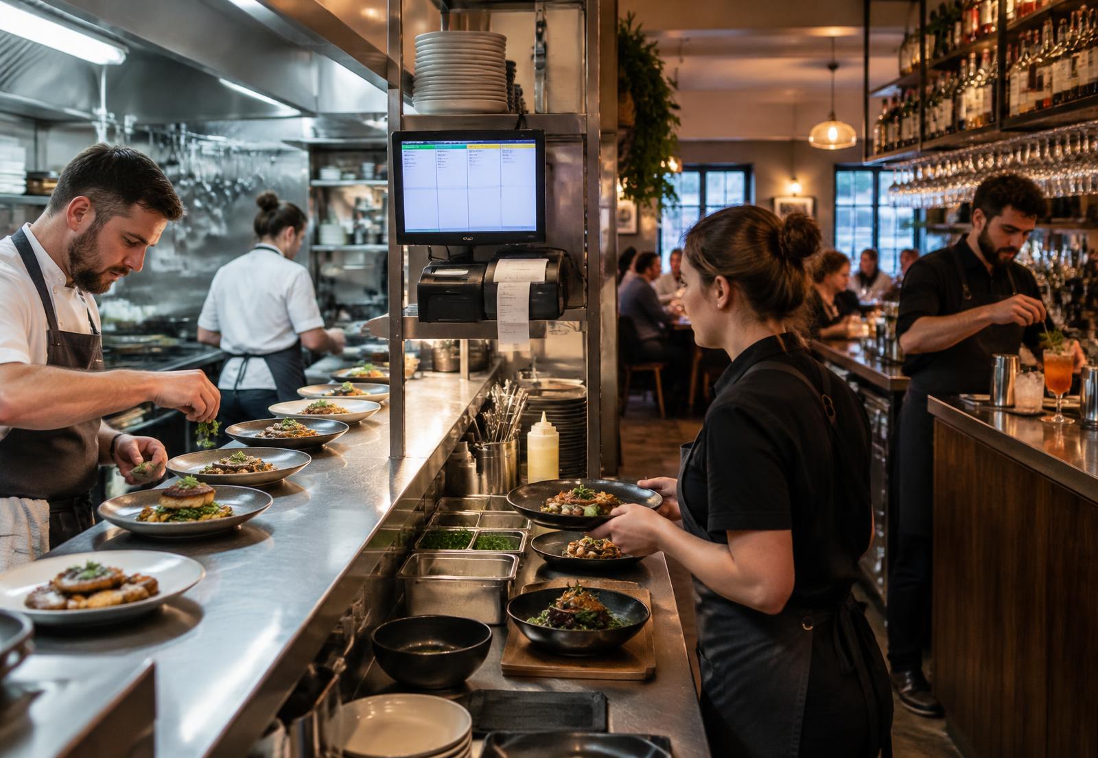 A chef, server and bartender coordinate food and drinks at a restaurant pass beside a modern unbranded kitchen display and compact printer.