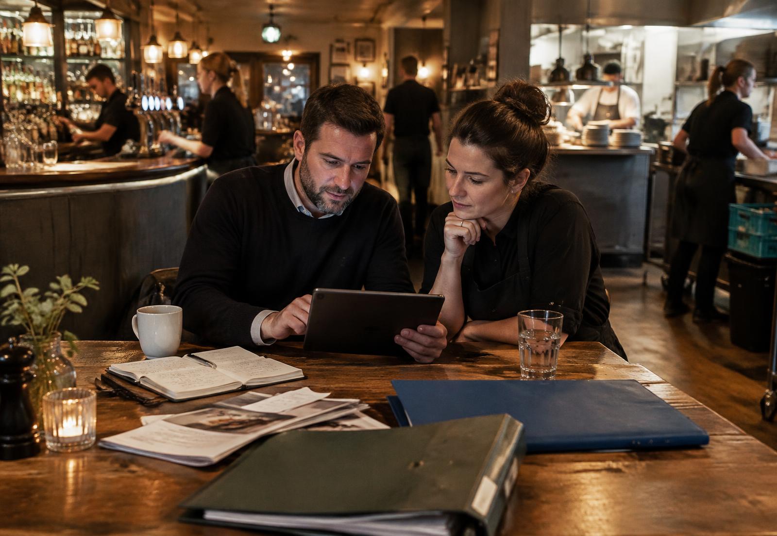 A hospitality owner and duty manager review the operation on an unbranded tablet while the bar and kitchen continue closing behind them.