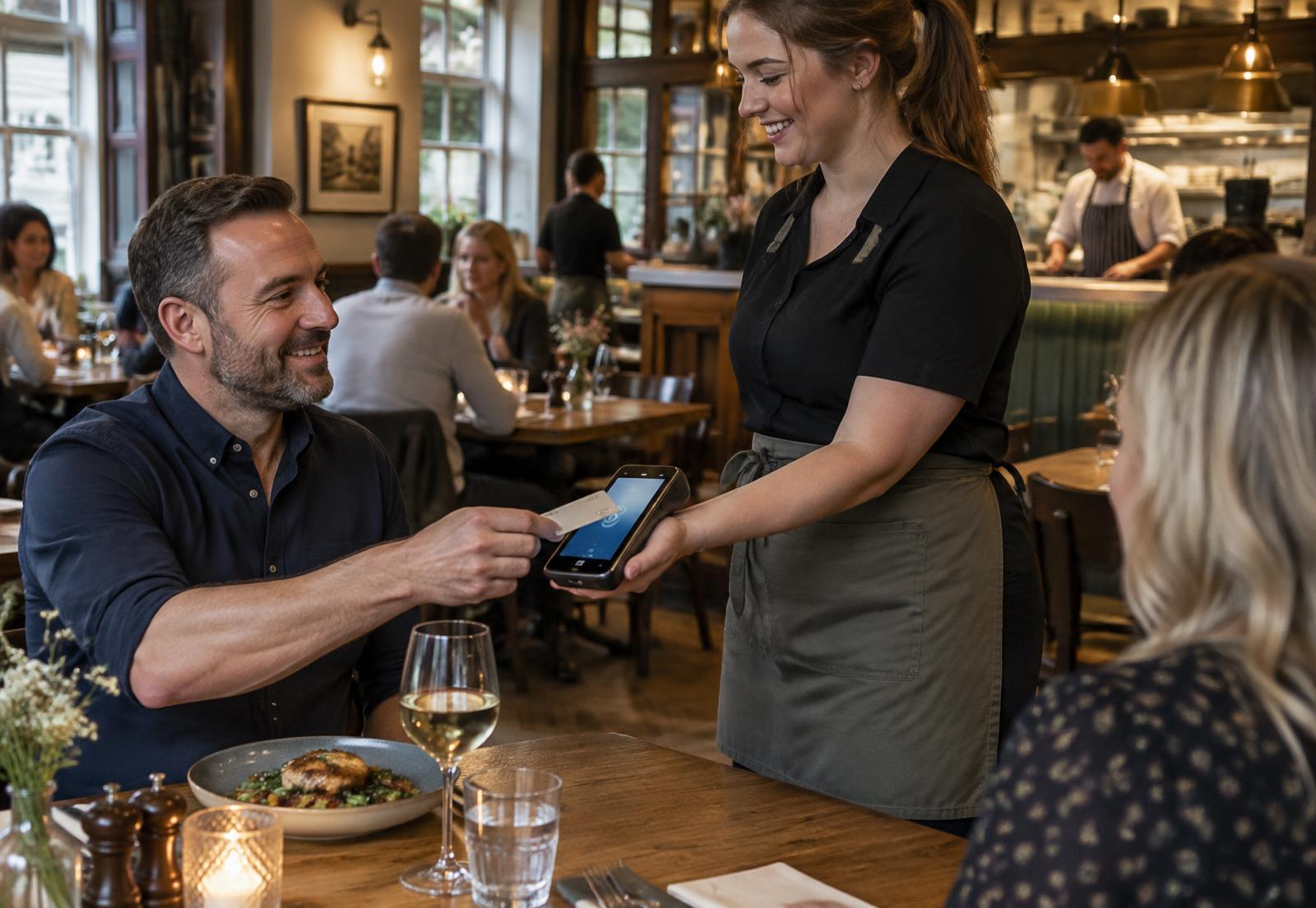 A restaurant customer taps a card on a compact modern unbranded touchscreen payment terminal held by a server in an active dining room.