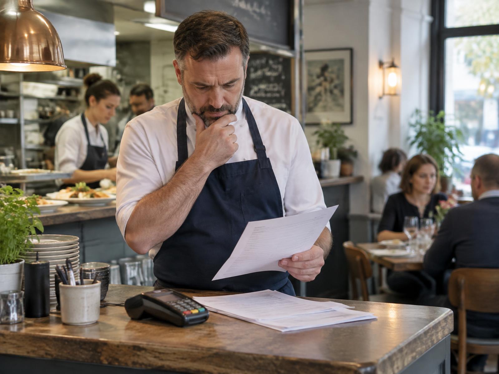 A restaurant owner reviews a commercial statement beside an unbranded payment terminal while service continues behind him.