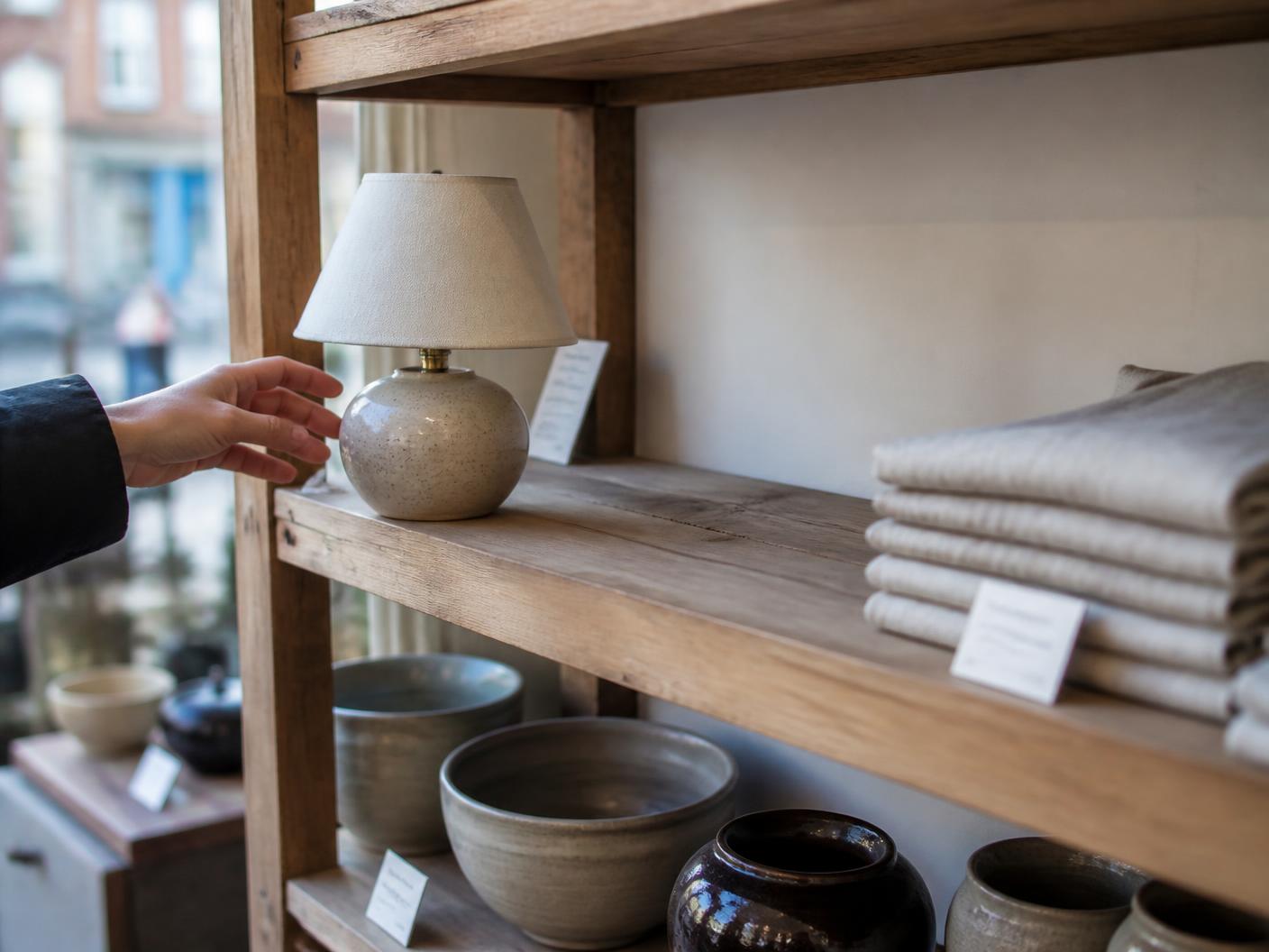 A shelf in an independent homeware shop with a single ceramic table lamp remaining and a visible gap beside it, a customer's hand reaching towards it.