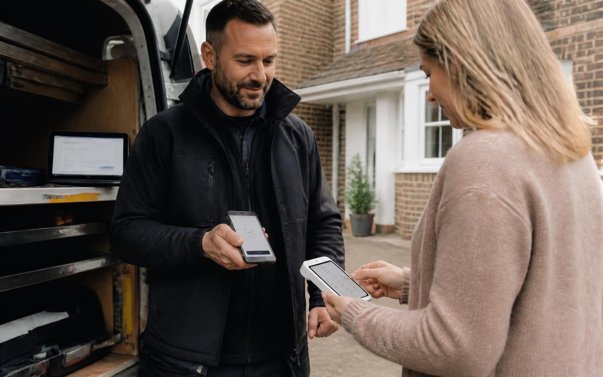 A local services business owner taking a card payment beside his van while a phone and laptop show remote and online payment activity.