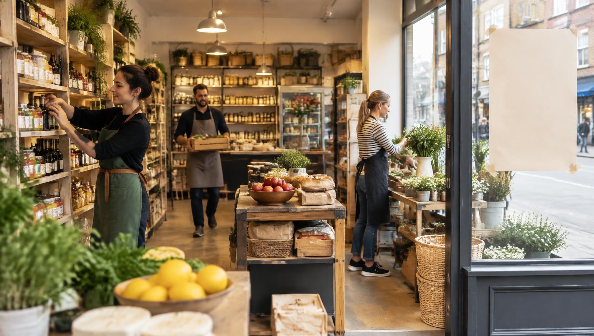 Staff preparing a nearly ready neighbourhood food shop by stocking shelves, carrying products and arranging the window display.