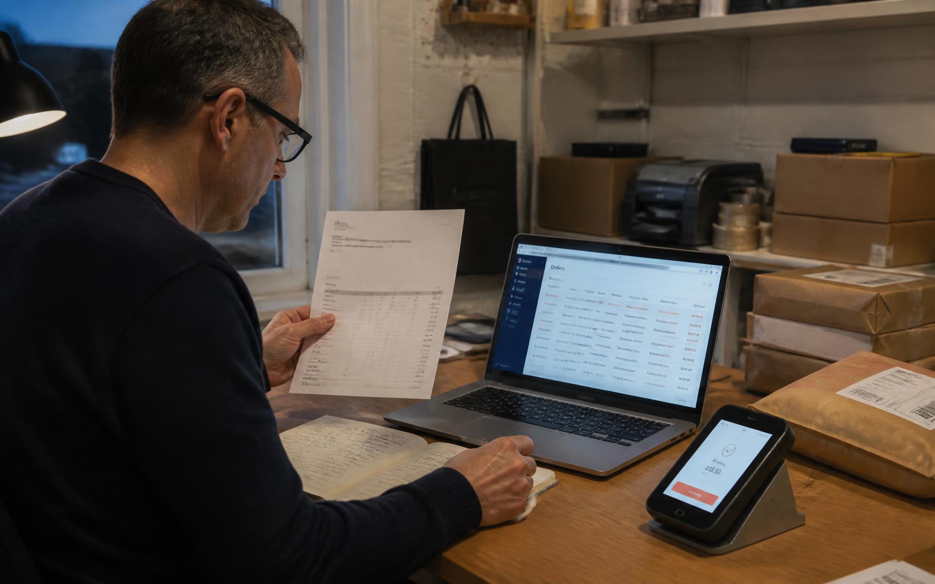 A shop owner comparing a printed payment statement with online orders on a laptop in the stock room after closing.