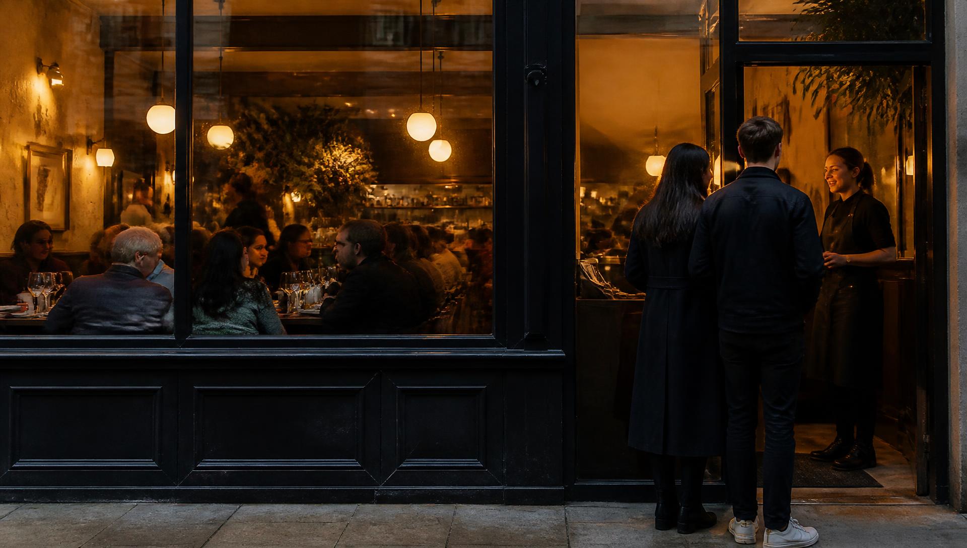 Early evening on a British high street: a full independent restaurant seen through its windows, with two guests being greeted just inside the door by a member of staff in an apron.