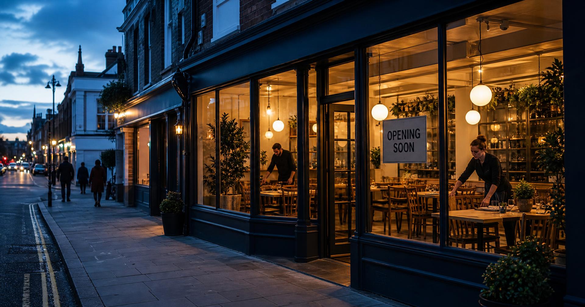 A warmly lit new hospitality venue on a British high street at dusk, with an Opening Soon sign in the window while staff arrange tables and make final preparations inside.