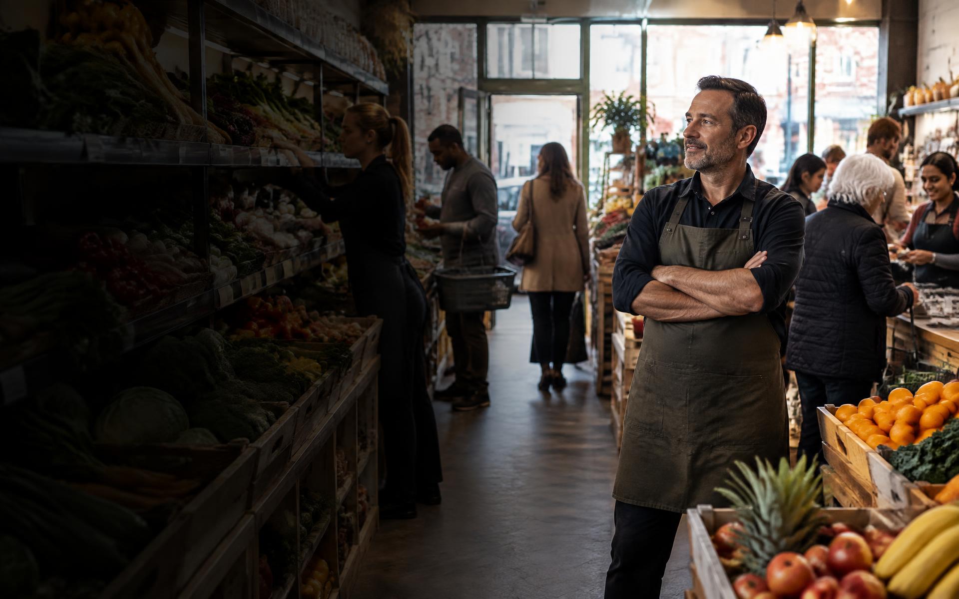 Independent supermarket owner observing customers, staff and trading activity across the shop floor.