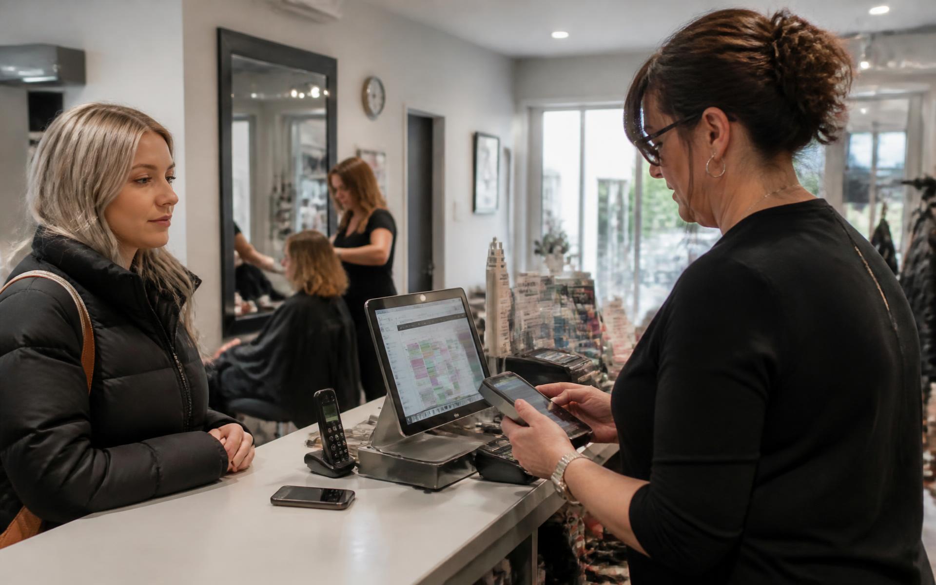 A salon receptionist holding a portable touchscreen card terminal while a client waits at the desk and another client is being treated behind.