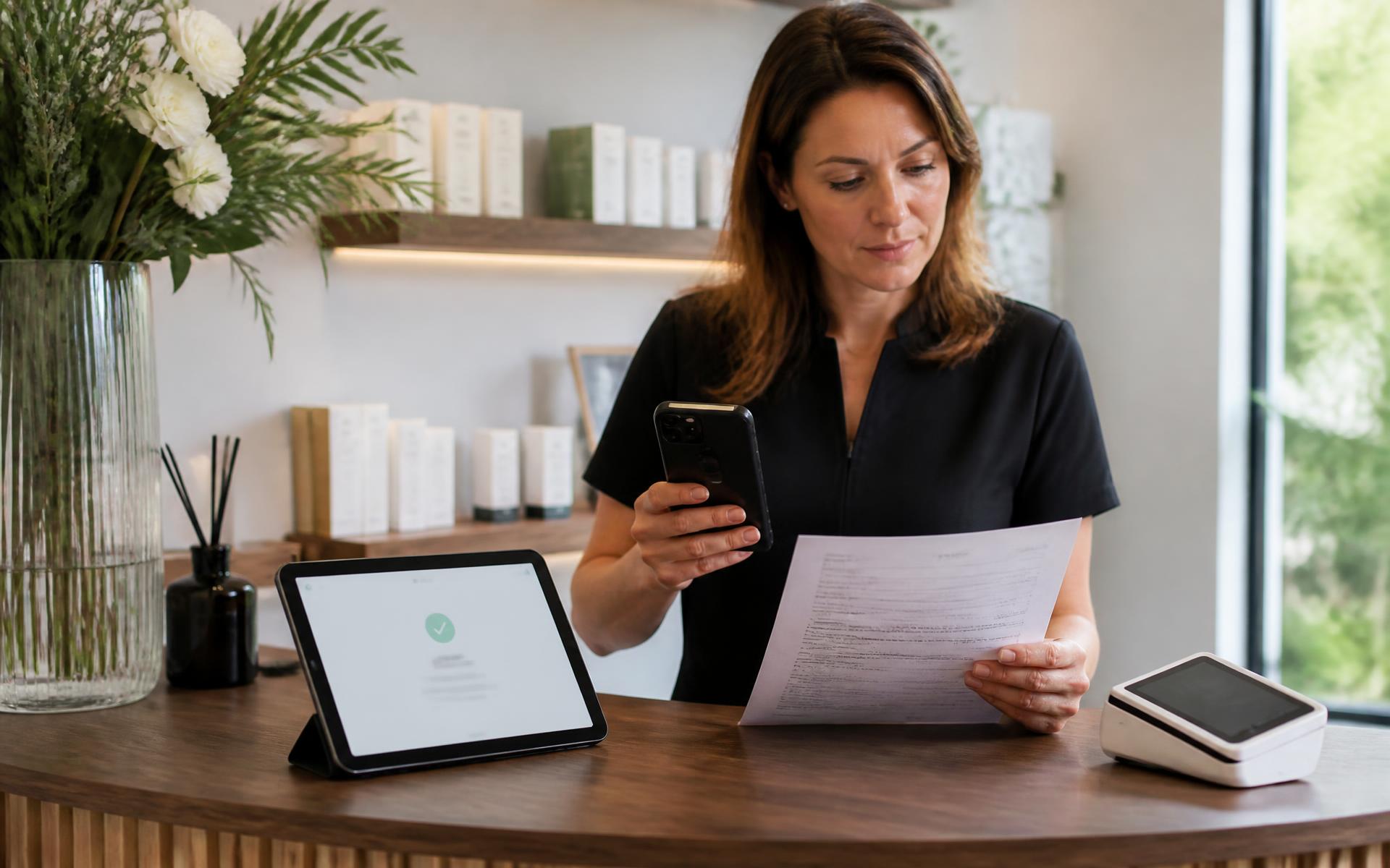 A clinic owner reviewing an agreement while checking a remote payment request on her phone, with a tablet and modern card terminal on the reception desk.