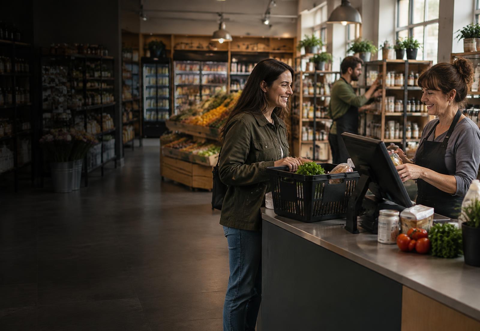 A customer with a basket is served at a modern unbranded touchscreen EPOS till in a busy substantial independent shop while another staff member replenishes nearby.