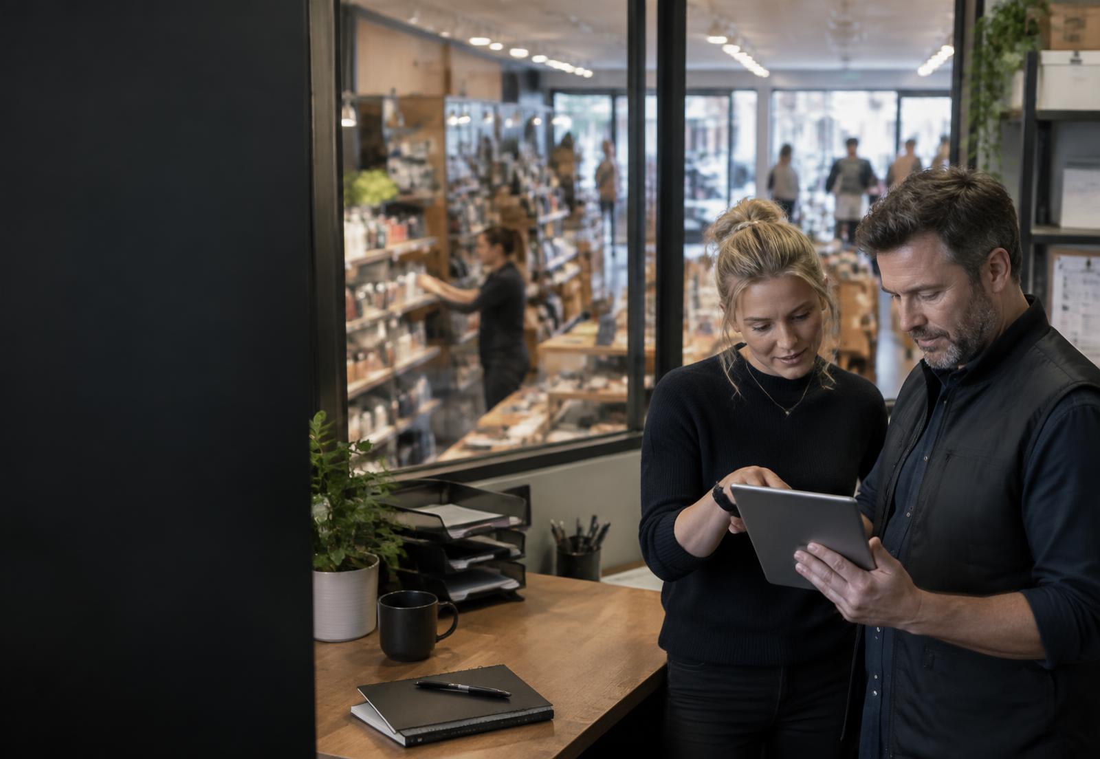 An owner-manager and duty manager review stock and sales on an unbranded tablet in a compact back office overlooking a busy substantial independent shop floor.