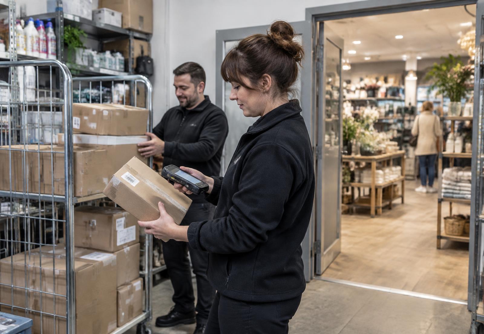 Two staff receive cartons in the compact stockroom of a substantial independent retailer while one scans a package with a modern unbranded handheld device and the shop floor remains visible.
