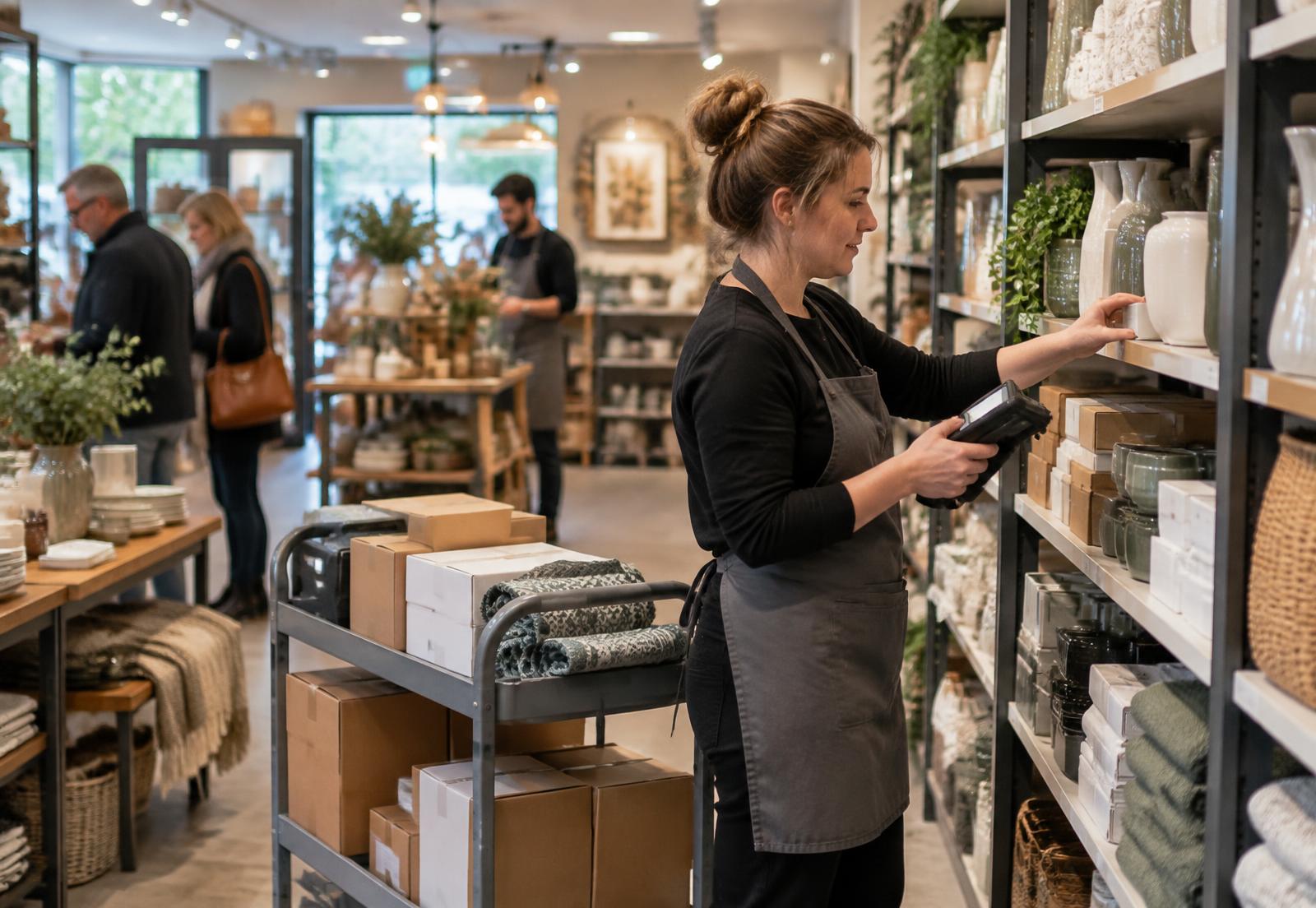 A staff member scans and replenishes homewares from a stock trolley in a busy medium-sized non-food shop, with stocked shelves, customers and the active shop floor visible.