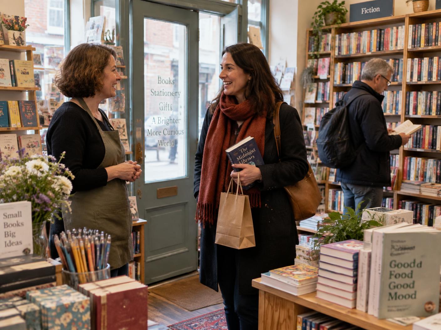 A bookshop owner greeting a returning customer near the entrance while another customer browses the shelves.