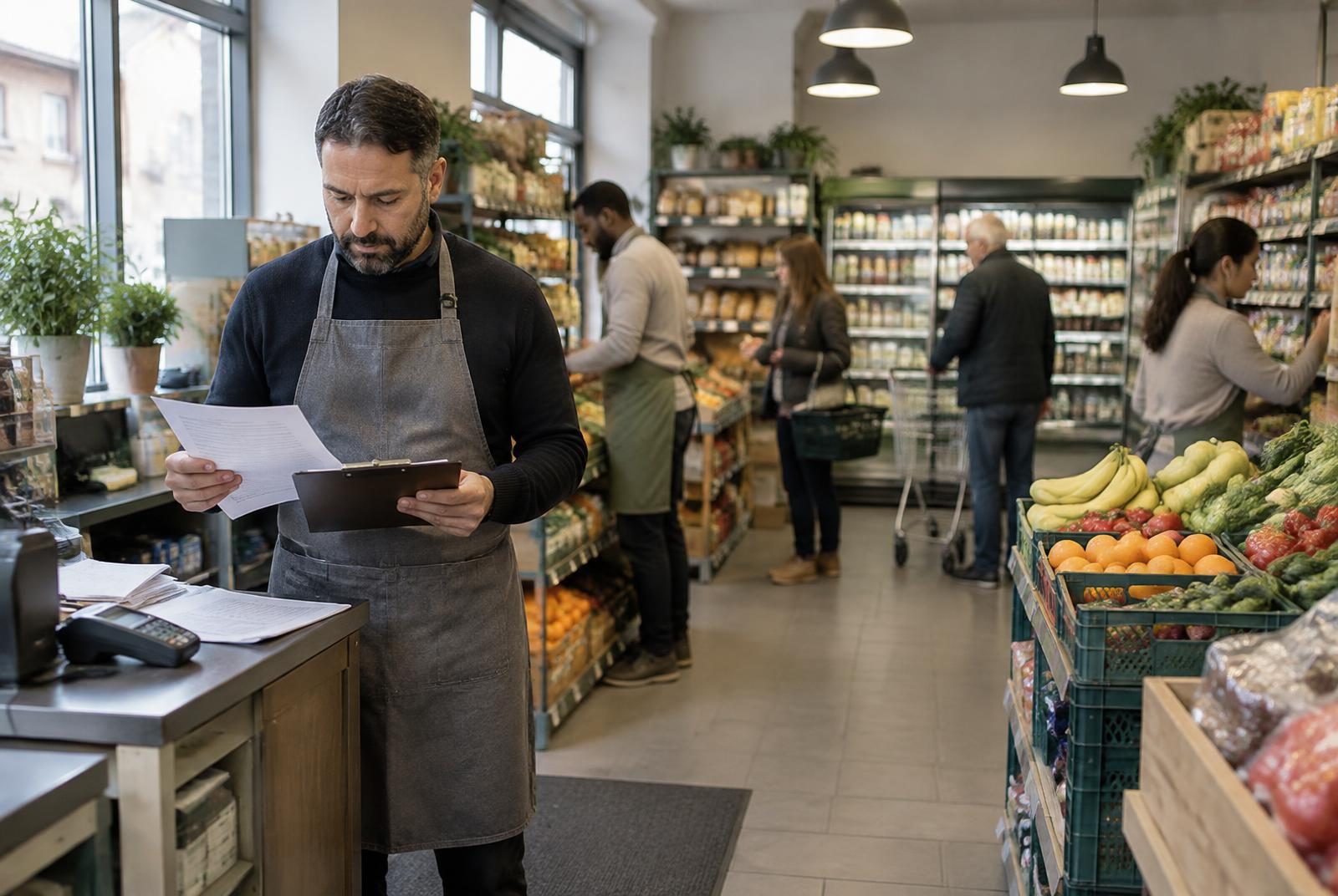 A business owner reviewing paperwork at a working supermarket counter while staff and customers continue nearby.