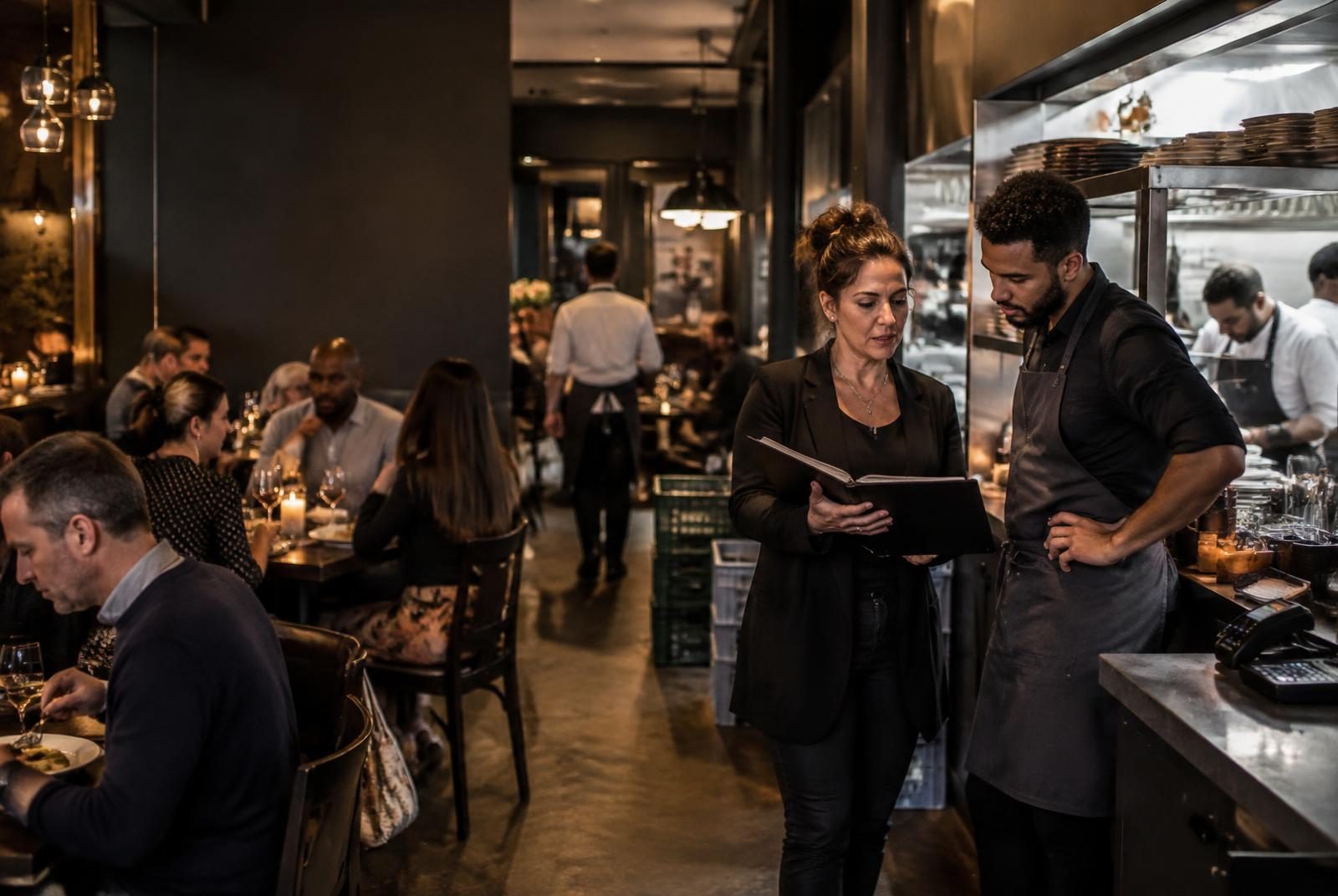 Restaurant owner and floor lead reviewing an arrangement while a busy dining service continues.