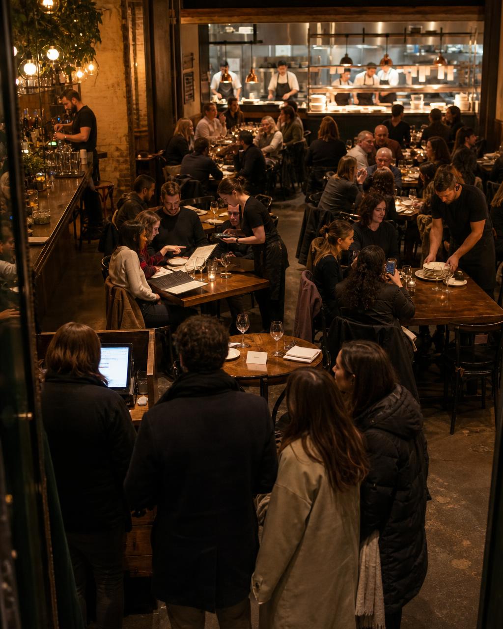 The same kind of restaurant in one continuous room: the host stand and waiting guests in the foreground, a full dining room in the middle with one prepared but empty table, a server taking an order, a table being paid and another being cleared, and the kitchen pass with chefs visible behind.