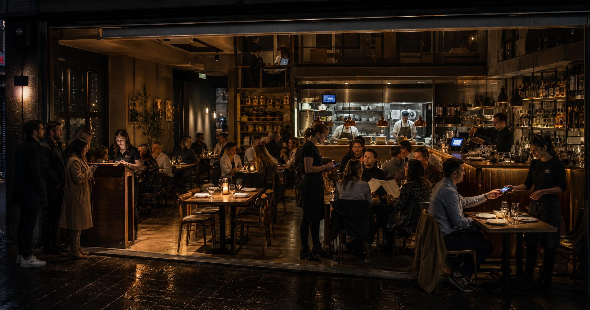 A busy independent restaurant photographed with the front wall removed: walk-in guests waiting at the host stand on the street, a full dining room with one prepared but empty reserved table, a server taking an order at a table on a handheld, a guest paying by card at a finished table, a bartender at the bar with a till station, and chefs at the pass in the kitchen behind.
